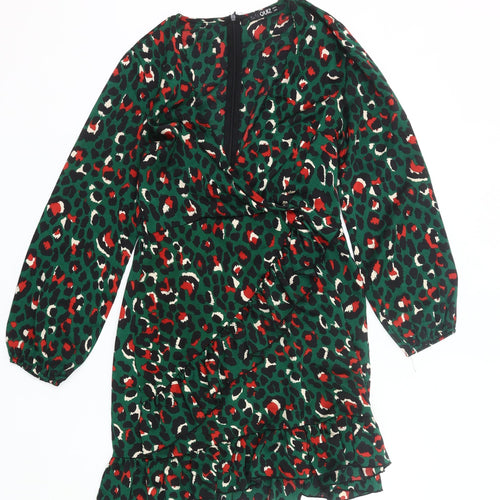 Quiz Womens Green Animal Print Wrap Dress Size 10 Ruffle Party