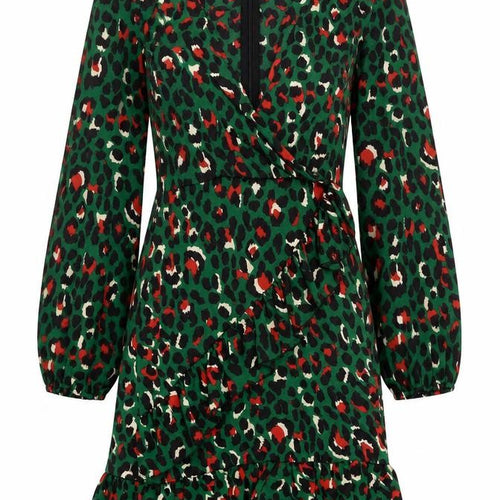 Quiz Womens Green Animal Print Wrap Dress Size 10 Ruffle Party