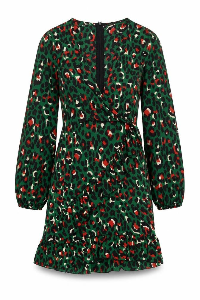 Quiz Womens Green Animal Print Wrap Dress Size 10 Ruffle Party