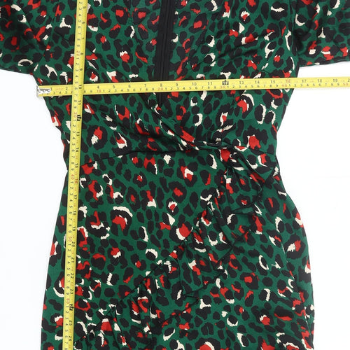 Quiz Womens Green Animal Print Wrap Dress Size 10 Ruffle Party