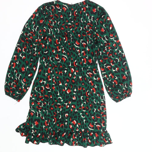 Quiz Womens Green Animal Print Wrap Dress Size 10 Ruffle Party