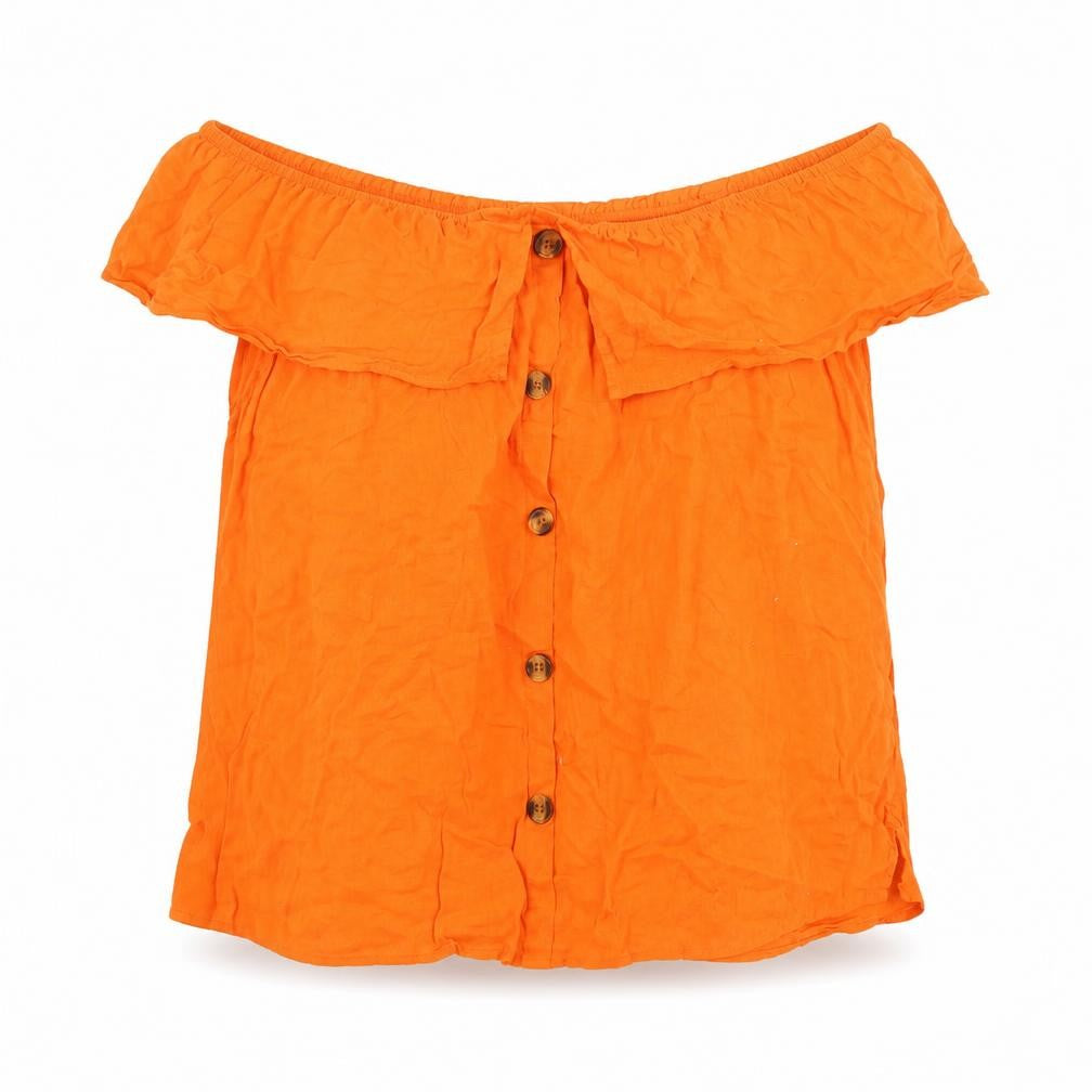 Front view of Papaya women’s orange off shoulder button blouse, size UK 20