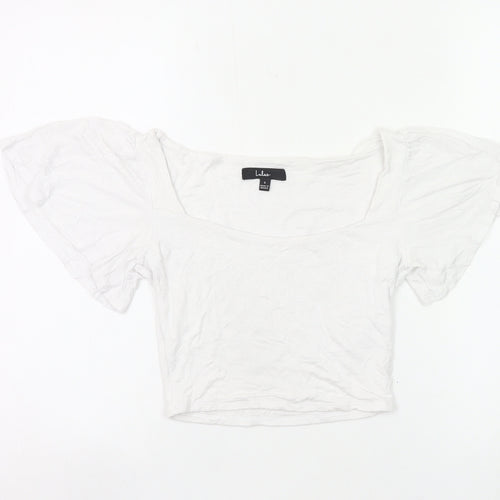 Lulus Women’s White Cropped Blouse Small Scoop Neck Flutter Sleeve