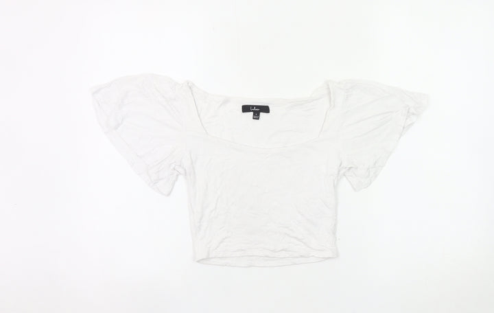 Lulus Women’s White Cropped Blouse Small Scoop Neck Flutter Sleeve