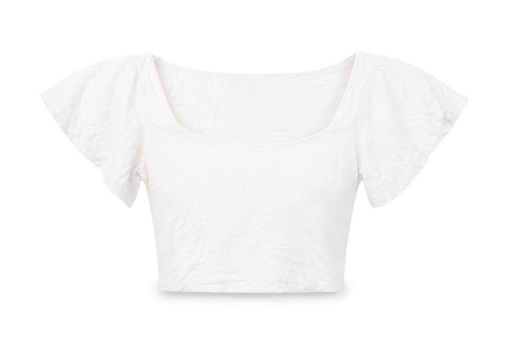 Front view of Lulus Women’s White Cropped Blouse Small Scoop Neck Flutter Sleeve
