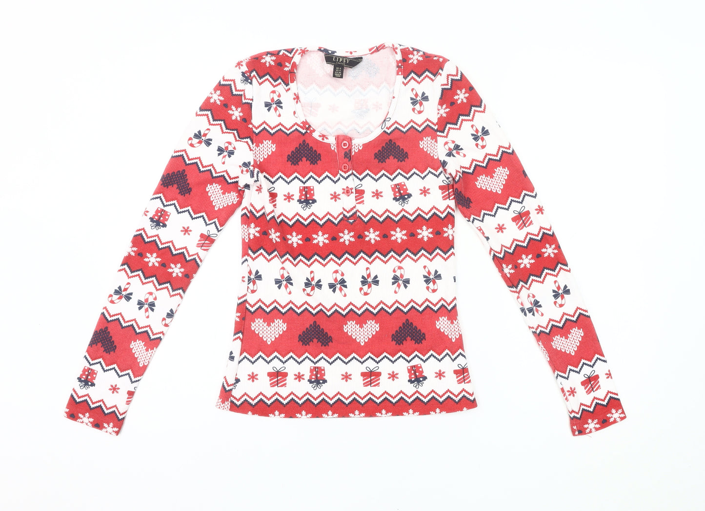 Lipsy Womens Red Christmas Fair Isle Long Sleeve Pyjama Top Size 8
