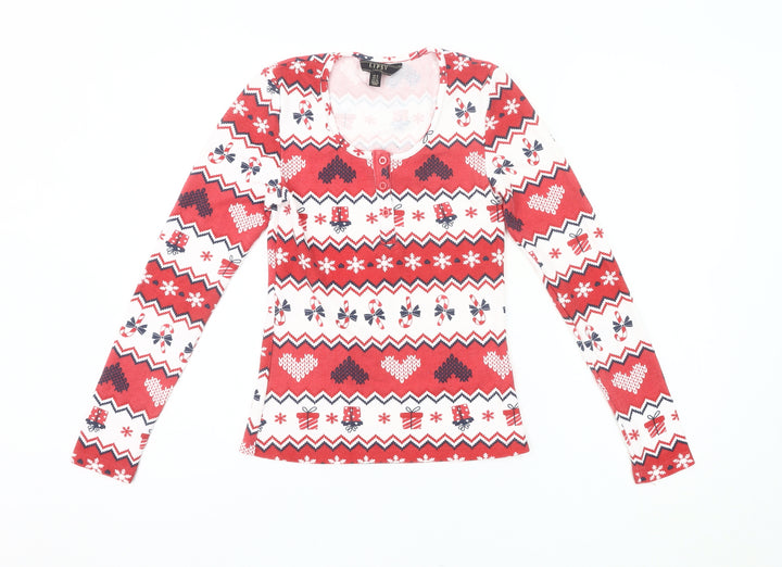 Lipsy Womens Red Christmas Fair Isle Long Sleeve Pyjama Top Size 8