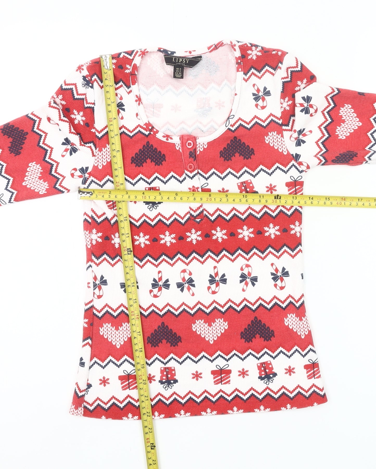 Lipsy Womens Red Christmas Fair Isle Long Sleeve Pyjama Top Size 8