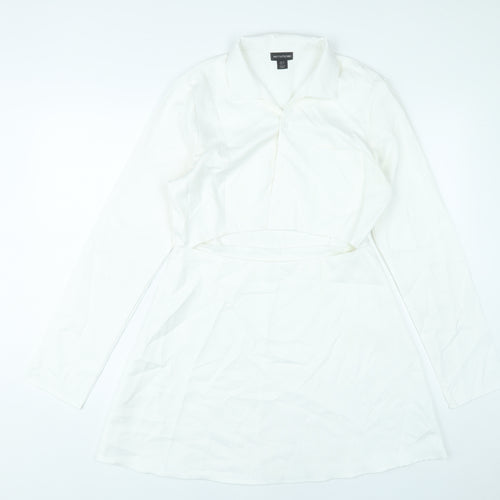PrettyLittleThing Women White Size 12 Shirt Mini Dress Long Sleeve