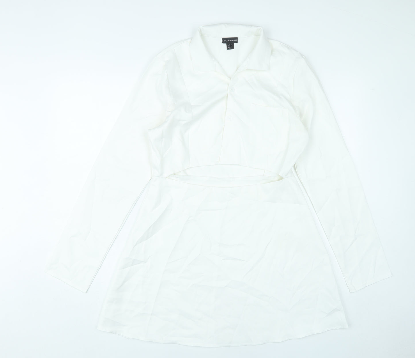 PrettyLittleThing Women White Size 12 Shirt Mini Dress Long Sleeve