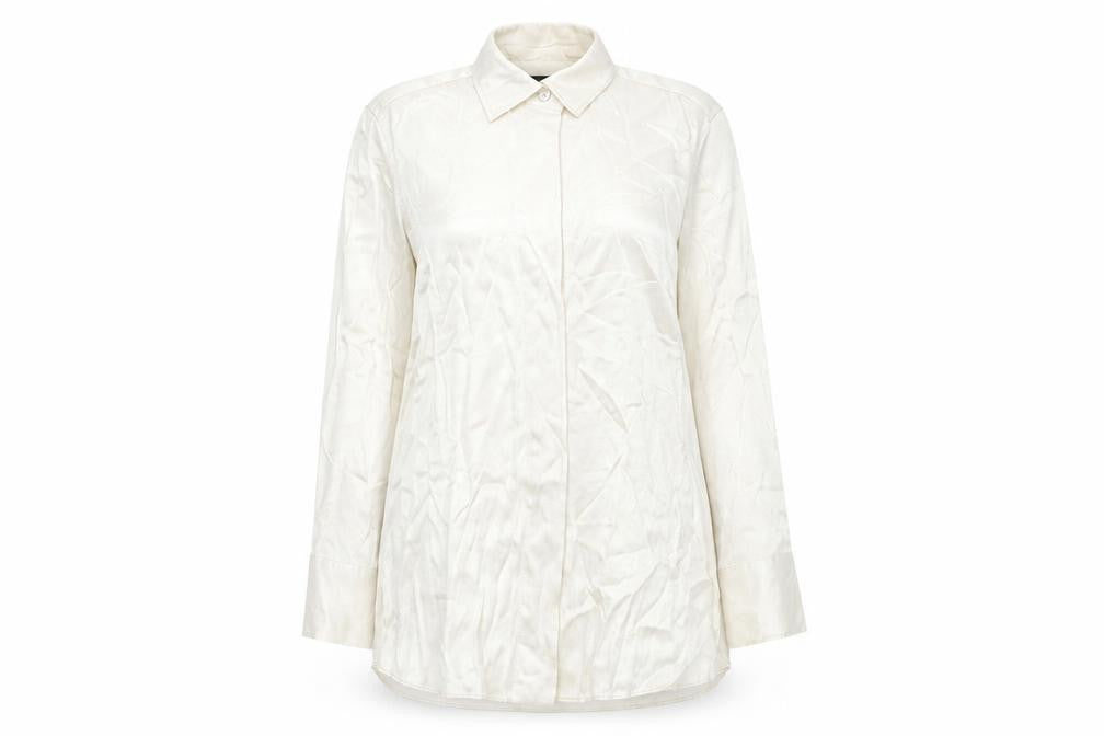 Front view of Massimo Dutti women’s ivory button-up shirt, size UK 12, long sleeve workwear