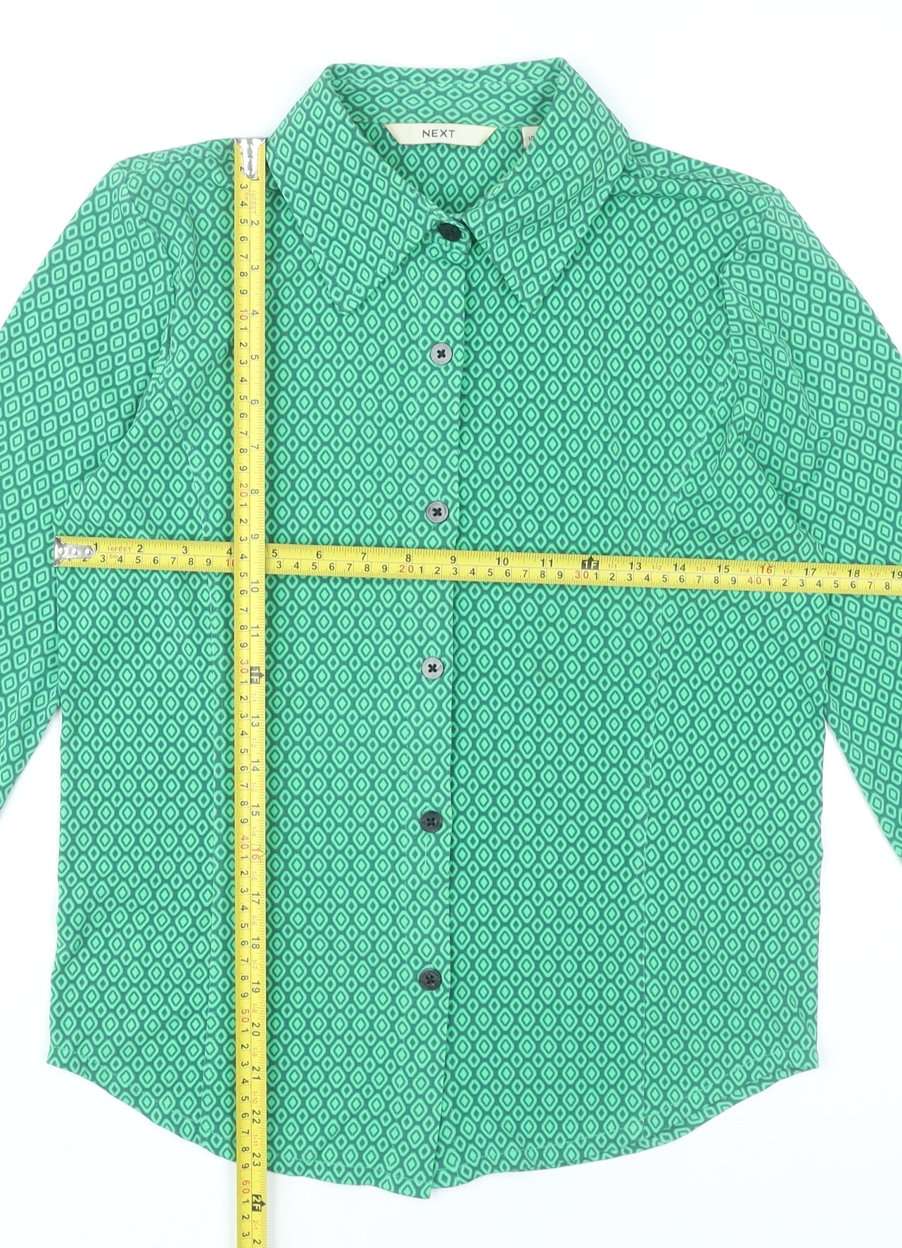 Next Womens Green Geometric Button-Up Shirt Size 10 Long Sleeve