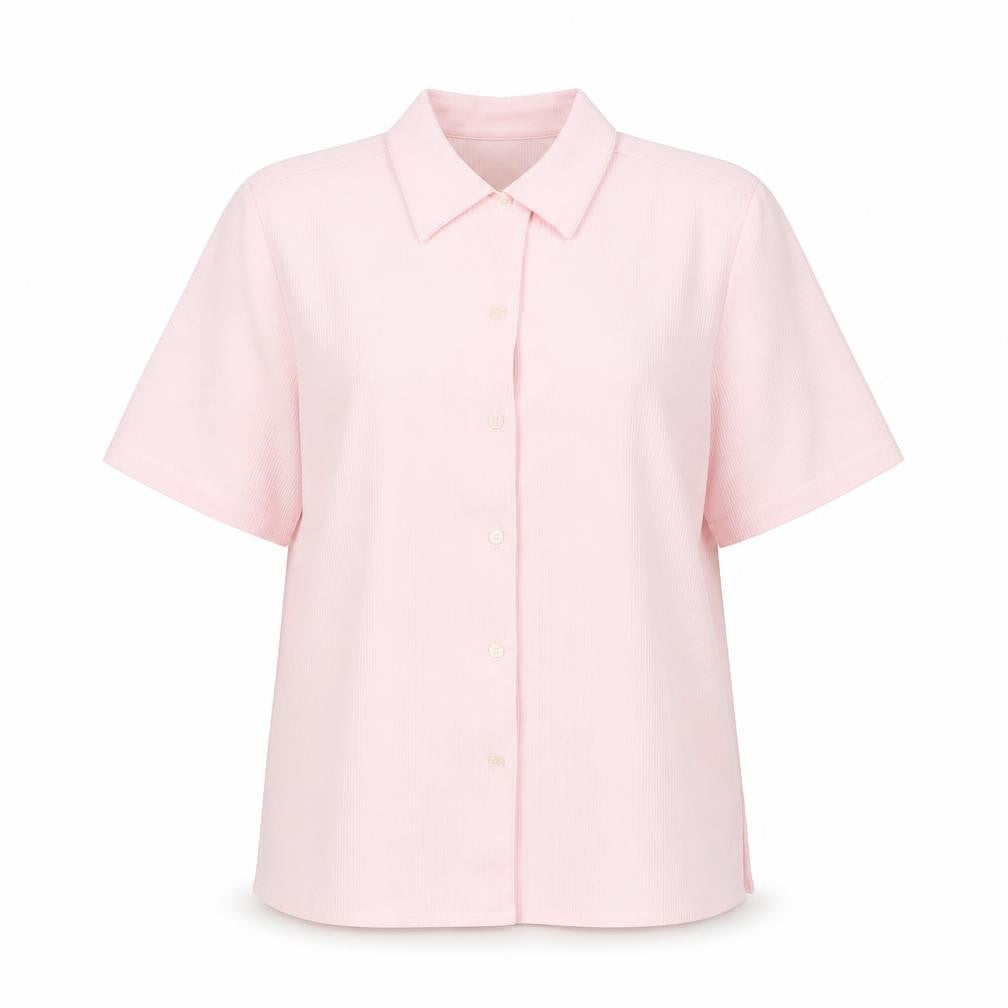 Front view of Damart Women’s Pink Button-Up Shirt, size UK 12, Collared Short Sleeve Polyester