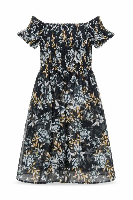 Front view of Boux Avenue Women’s Black Floral Midi A-Line Dress, size UK 10-12