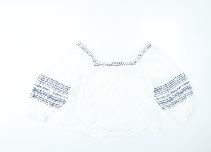 Figleaves Women’s White Embroidered Peasant Blouse Size 14