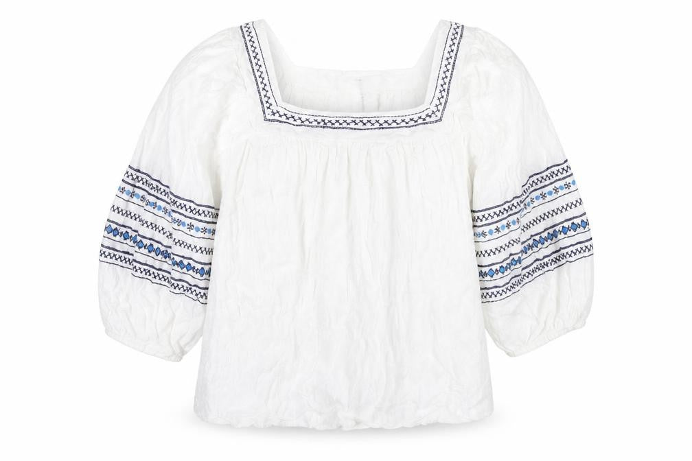 Front view of Figleaves Women’s White Embroidered Peasant Blouse, size UK 14