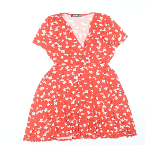 Missguided Women Red Floral Wrap Dress Size 14 Short Sleeve V-Neck
