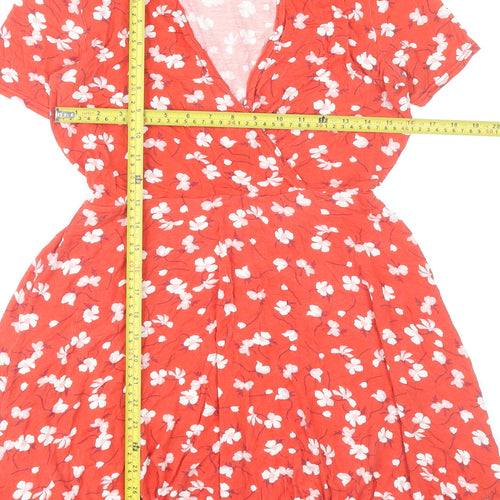 Missguided Women Red Floral Wrap Dress Size 14 Short Sleeve V-Neck