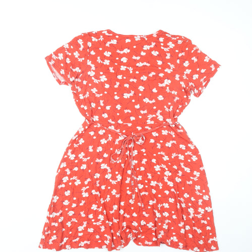 Missguided Women Red Floral Wrap Dress Size 14 Short Sleeve V-Neck