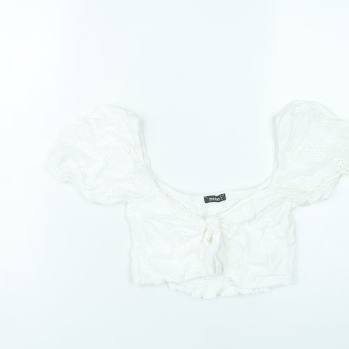 Boohoo Women White Cotton Cropped Puff Sleeve Blouse UK 10