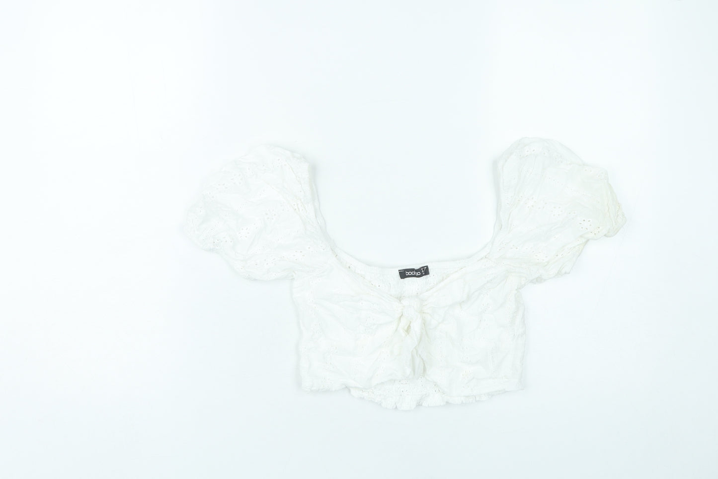 Boohoo Women White Cotton Cropped Puff Sleeve Blouse UK 10