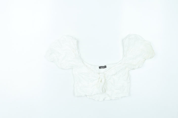 Boohoo Women White Cotton Cropped Puff Sleeve Blouse UK 10