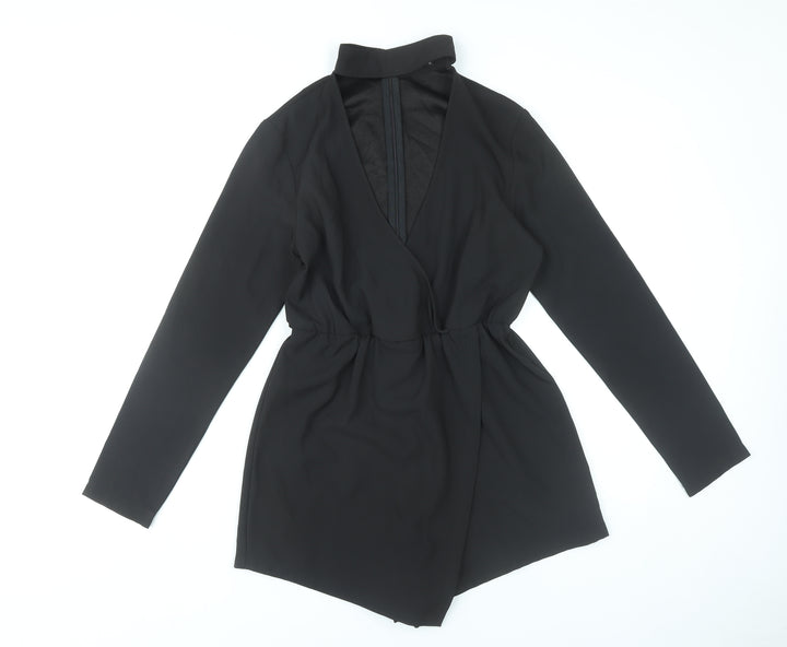 PrettyLittleThing Women's Black Size 10 Long Sleeve V-Neck Playsuit