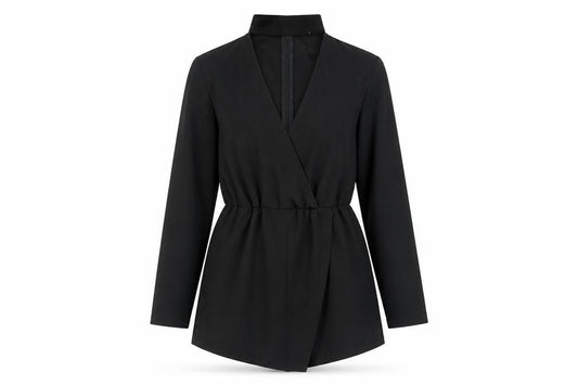 Front view of PRETTYLITTLETHING Women's Black, size 10, Long Sleeve V-Neck Playsuit