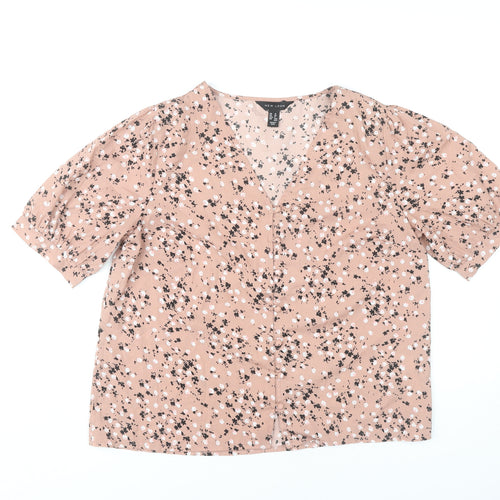 New Look Women’s Pink Floral Blouse UK 12 V-Neck Puff Sleeve Tunic