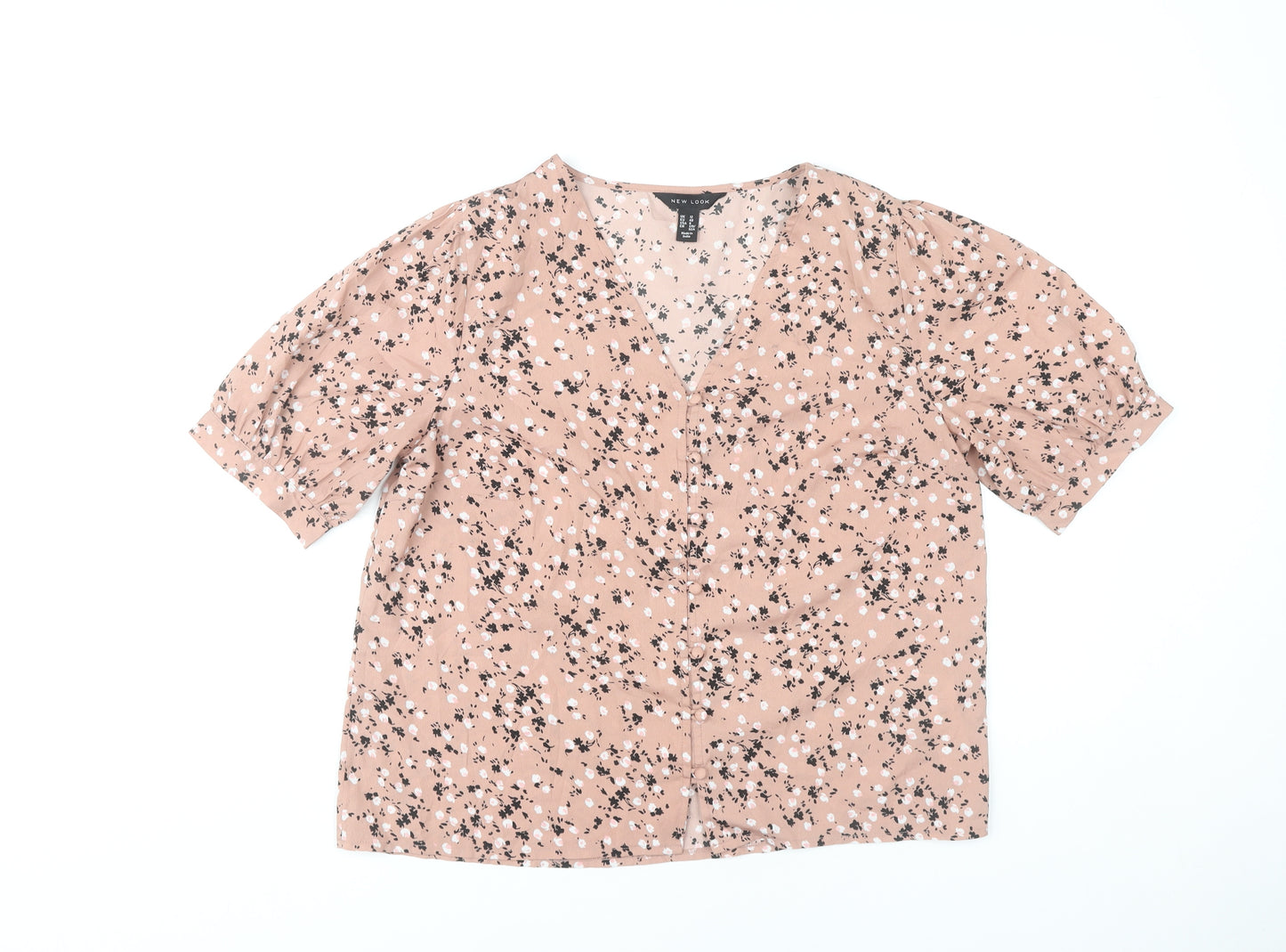 New Look Women’s Pink Floral Blouse UK 12 V-Neck Puff Sleeve Tunic