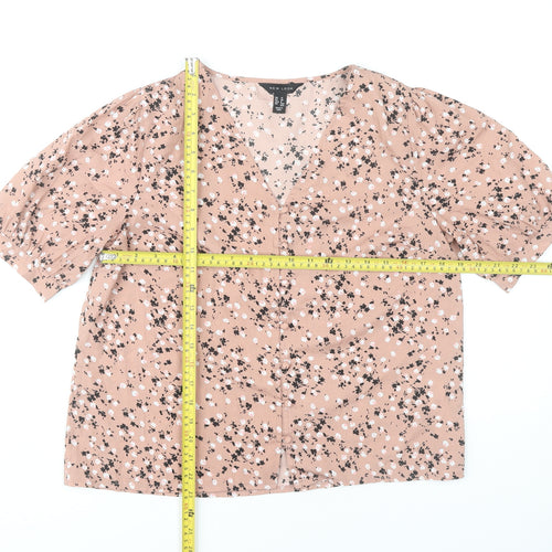 New Look Women’s Pink Floral Blouse UK 12 V-Neck Puff Sleeve Tunic
