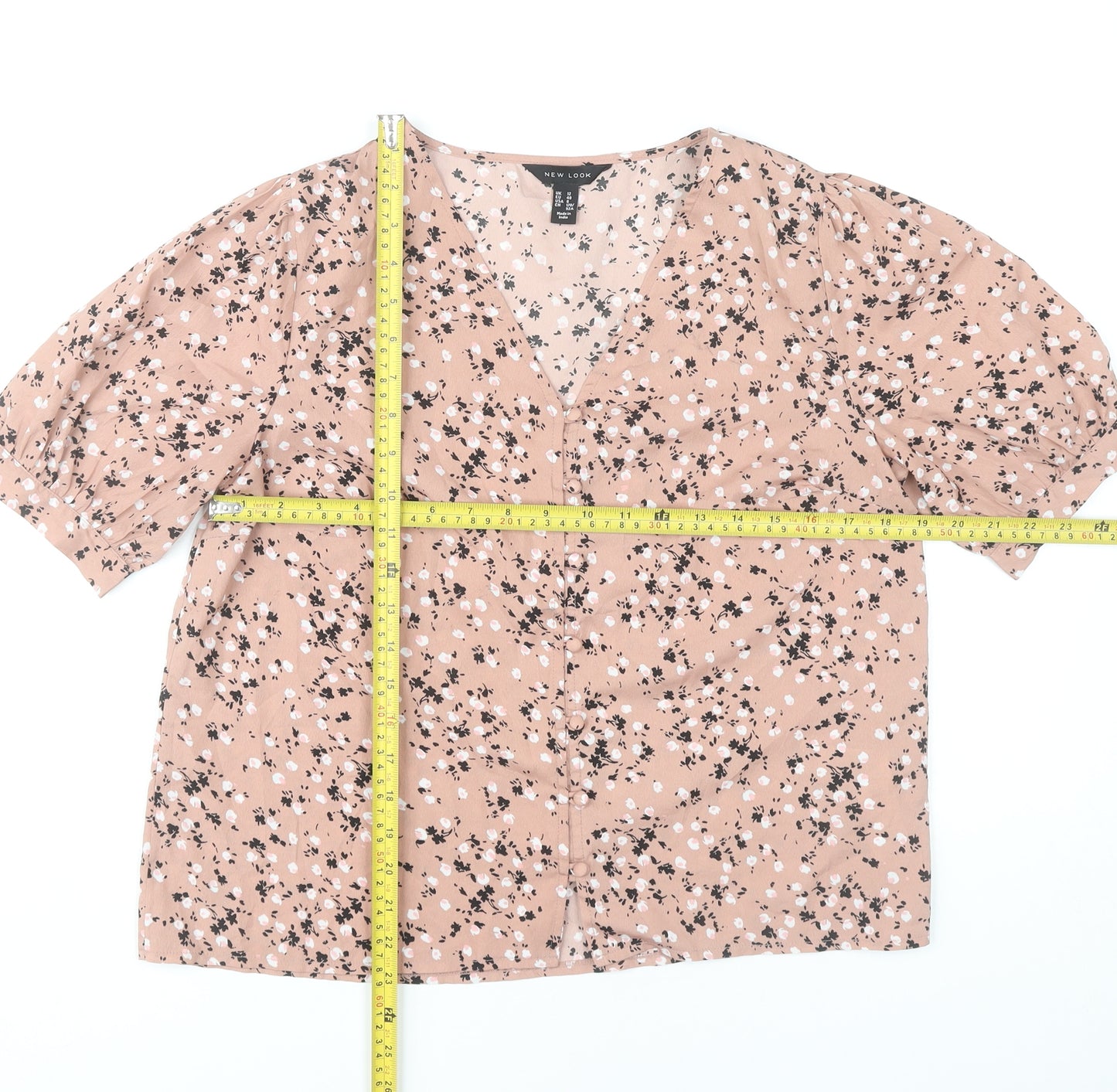 New Look Women’s Pink Floral Blouse UK 12 V-Neck Puff Sleeve Tunic