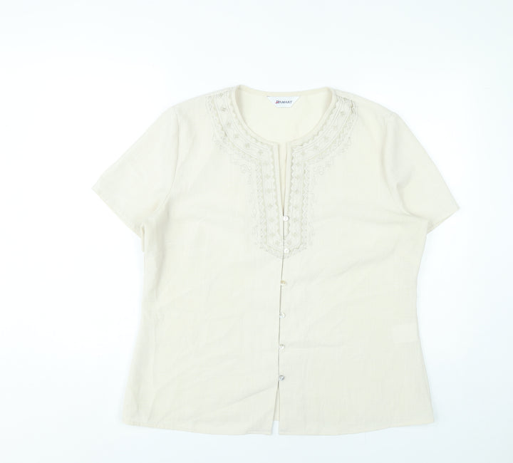 Damart Women’s Beige Embroidered Tunic Blouse Size 18 Short Sleeve