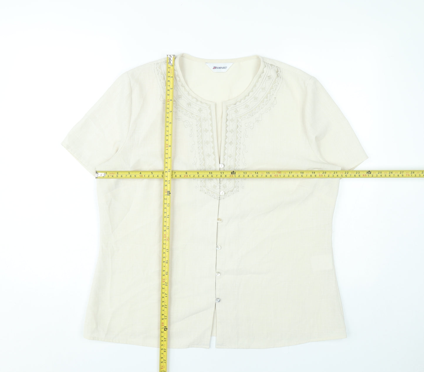 Damart Women’s Beige Embroidered Tunic Blouse Size 18 Short Sleeve