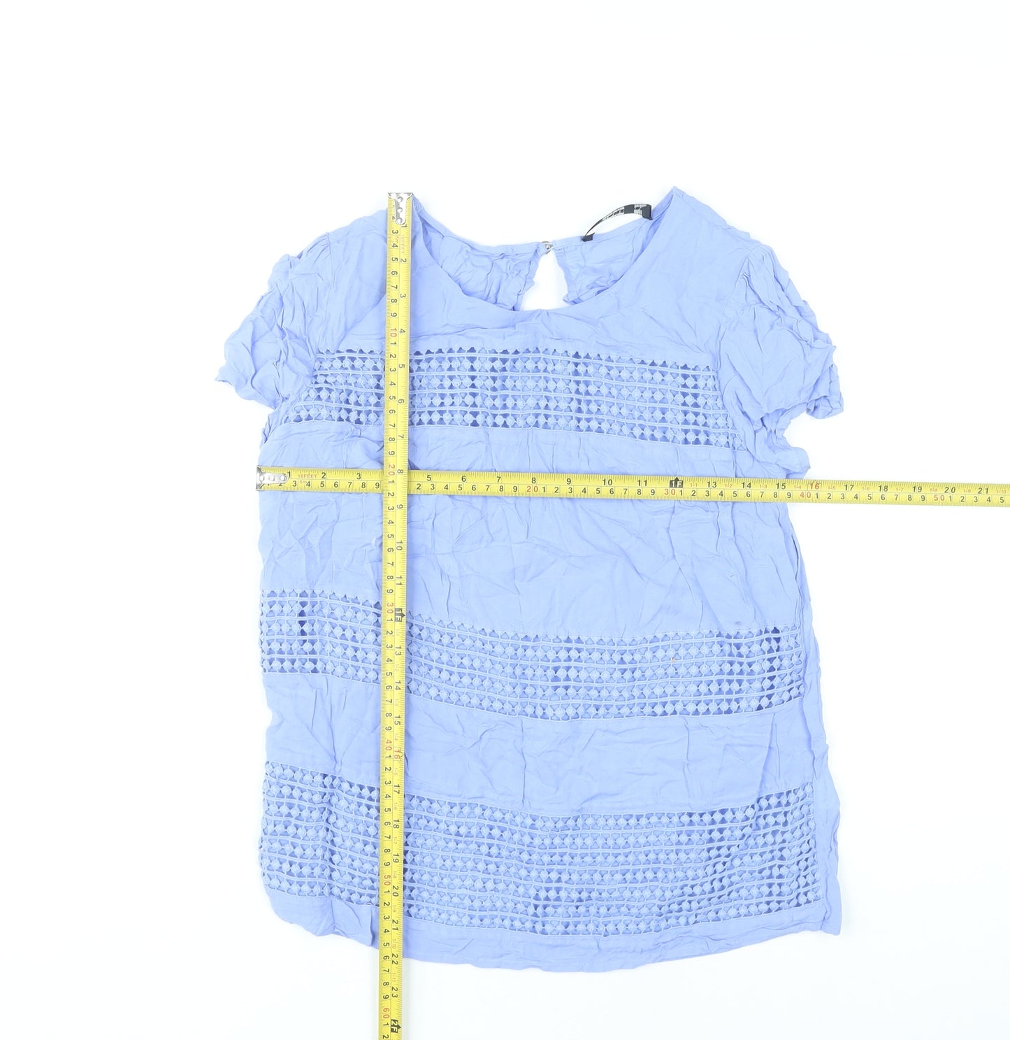 Oasis Women’s Blue Crochet Tunic Blouse Size 10 Short Sleeve