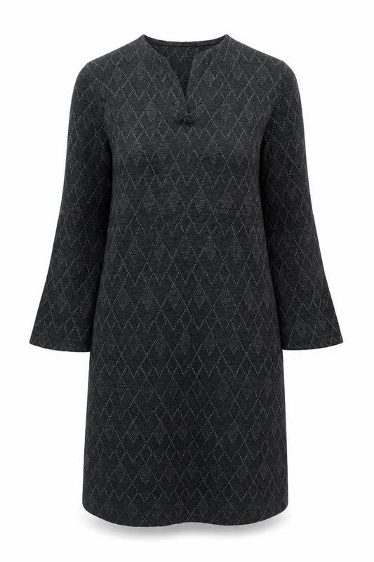 Front view of Nicole Urbanski Women’s Black Knit Shift Dress, size UK 6, Long Sleeve