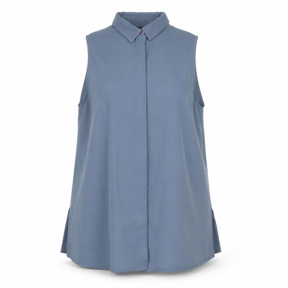 Front view of New Look Women’s Blue Sleeveless Collared Blouse, size UK 8