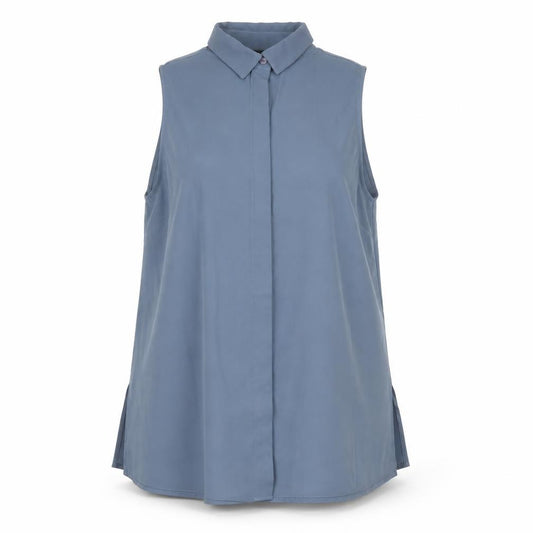 Front view of New Look Women’s Blue Sleeveless Collared Blouse, size UK 8