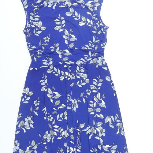 Jacqui E Women’s Blue Floral Sleeveless A-Line Knee Length Dress S