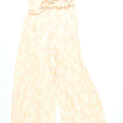 Zara Women Peach Floral Wide-Leg V-Neck Jumpsuit Size S