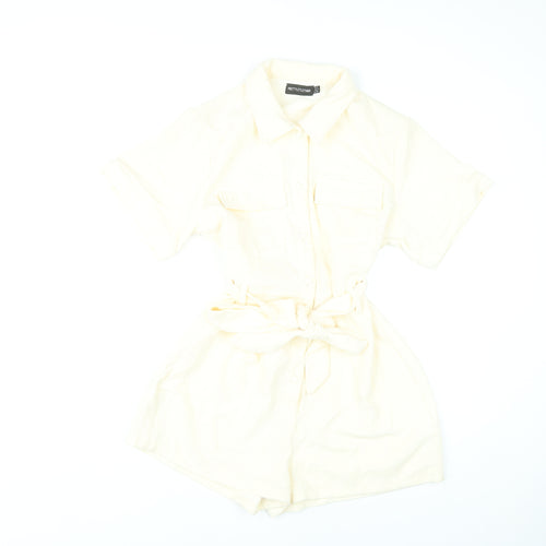 PrettyLittleThing Women’s Ivory Playsuit UK 10 Button Front Belted Short Sleeve