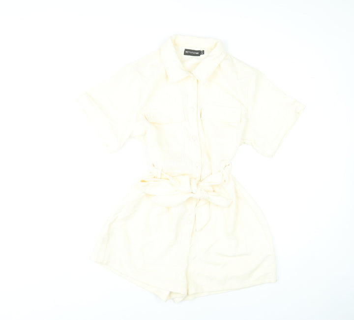 PrettyLittleThing Women’s Ivory Playsuit UK 10 Button Front Belted Short Sleeve