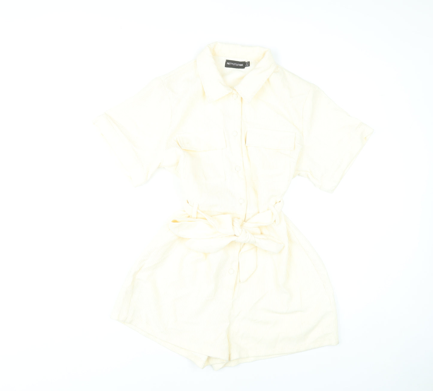 PrettyLittleThing Women’s Ivory Playsuit UK 10 Button Front Belted Short Sleeve