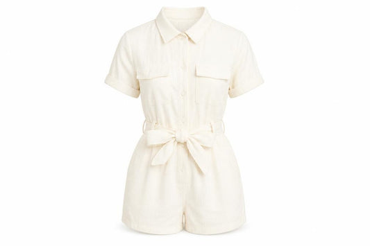 Front view of PRETTYLITTLETHING Women’s Ivory Playsuit UK 10 Button Front Belted Short Sleeve