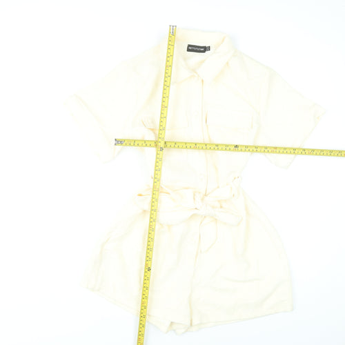 PrettyLittleThing Women’s Ivory Playsuit UK 10 Button Front Belted Short Sleeve