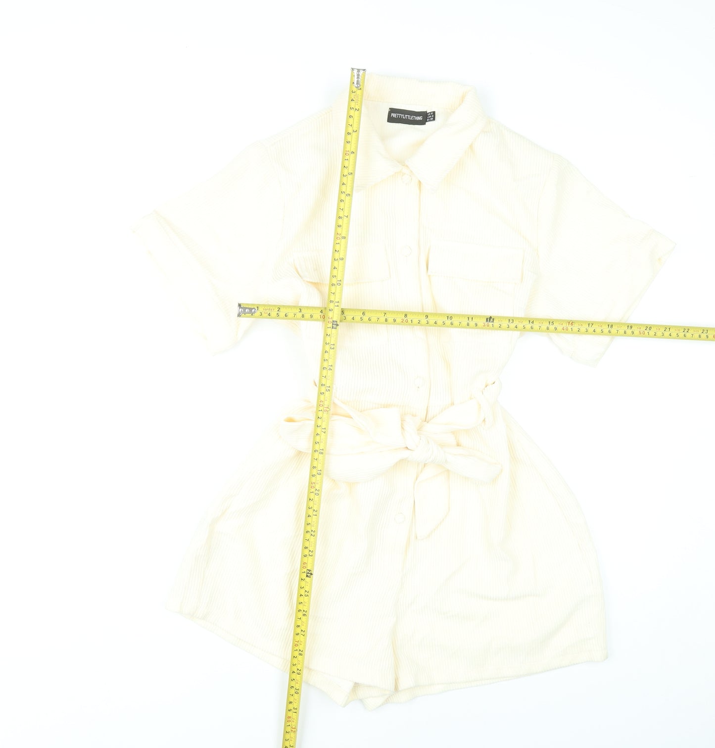 PrettyLittleThing Women’s Ivory Playsuit UK 10 Button Front Belted Short Sleeve