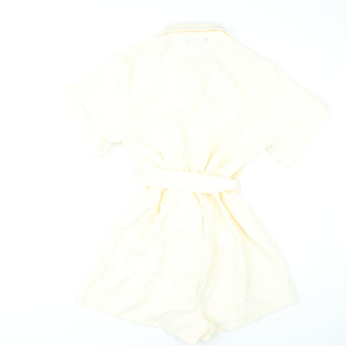 PrettyLittleThing Women’s Ivory Playsuit UK 10 Button Front Belted Short Sleeve