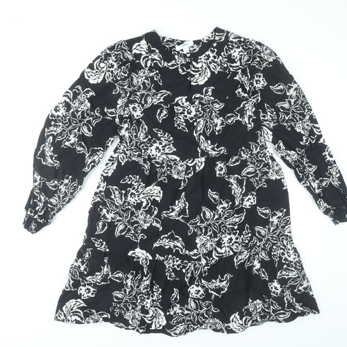 Marks and Spencer Womens Black Floral Shift Dress Size 6 Long Sleeve