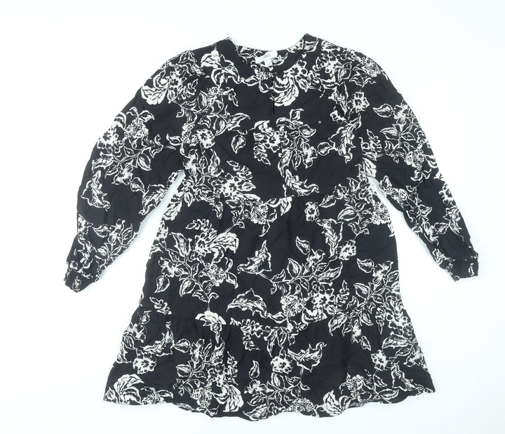 Marks and Spencer Womens Black Floral Shift Dress Size 6 Long Sleeve