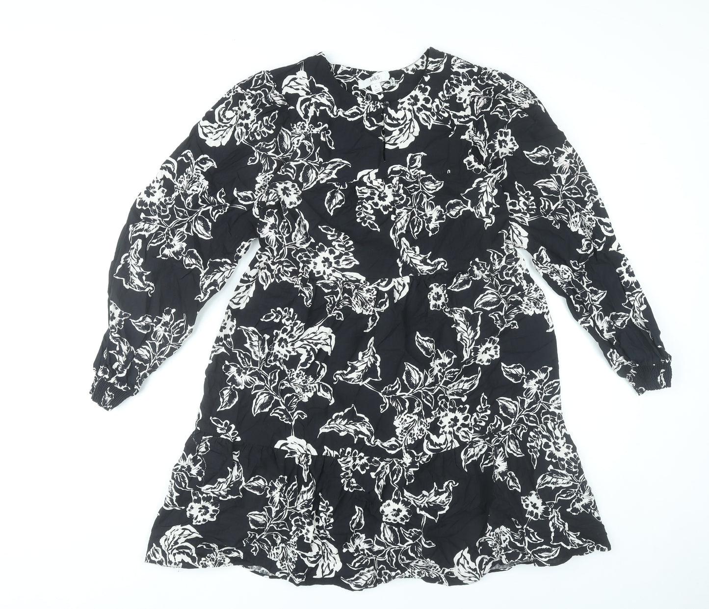 Marks and Spencer Womens Black Floral Shift Dress Size 6 Long Sleeve